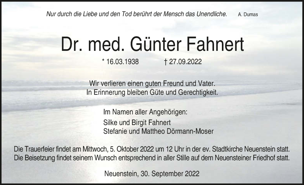  Traueranzeige für Günter Fahnert vom 30.09.2022 aus GESAMT