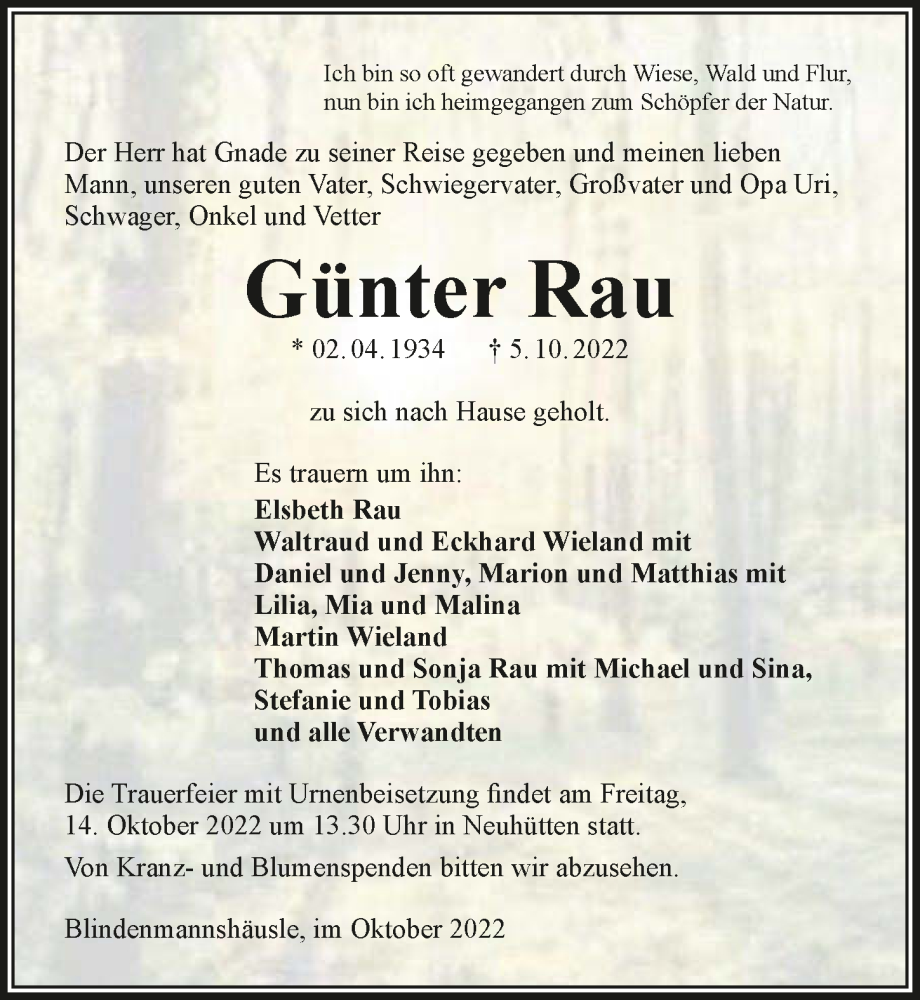  Traueranzeige für Günter Rau vom 11.10.2022 aus GESAMT