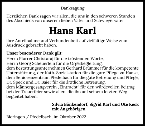 Traueranzeige von Hans Karl von Heilbronner Stimme