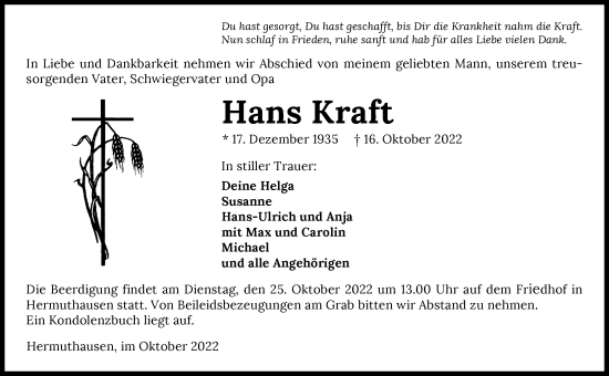 Traueranzeige von Hans Kraft von Heilbronner Stimme