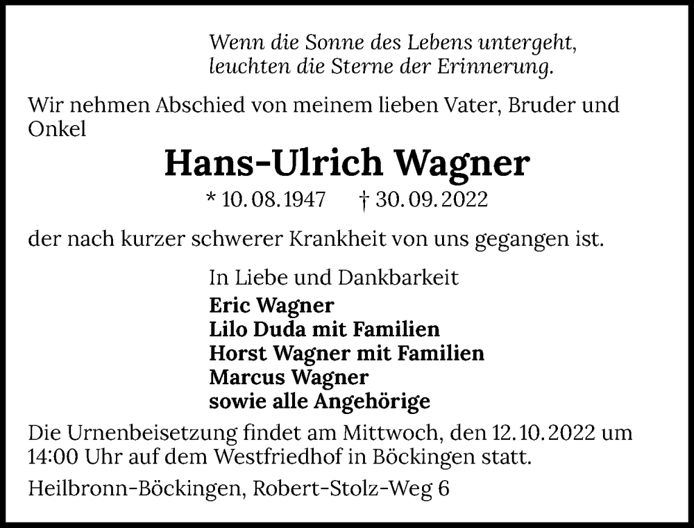  Traueranzeige für Hans-Ulrich Wagner vom 08.10.2022 aus GESAMT