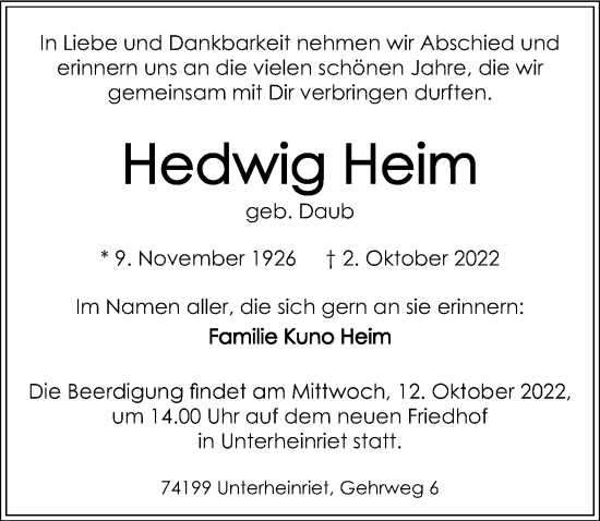 Traueranzeige von Hedwig Heim von GESAMT