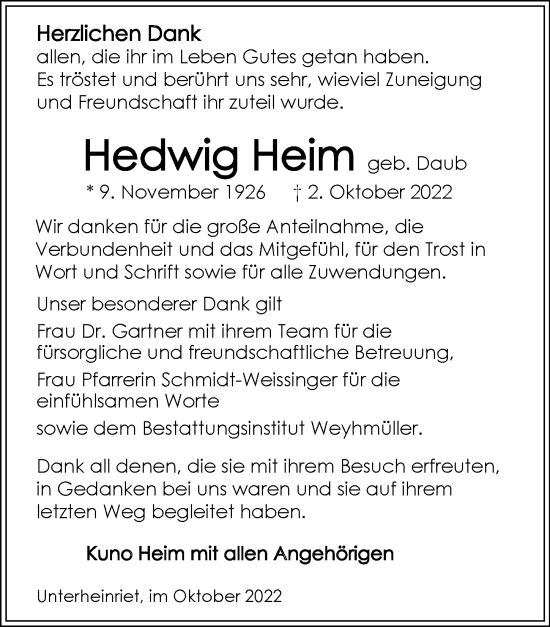 Traueranzeige von Hedwig Heim von Heilbronner Stimme