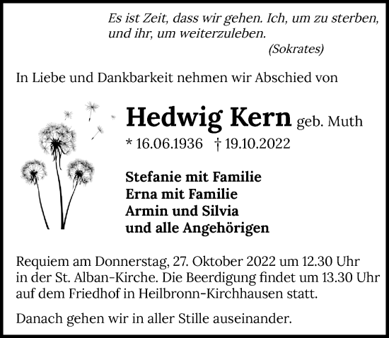 Traueranzeige von Hedwig Kern von Heilbronner Stimme
