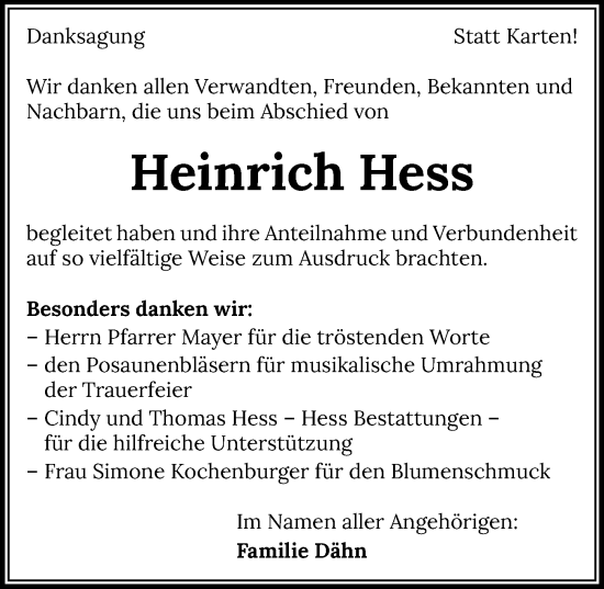 Traueranzeige von Heinrich Hess von Heilbronner Stimme