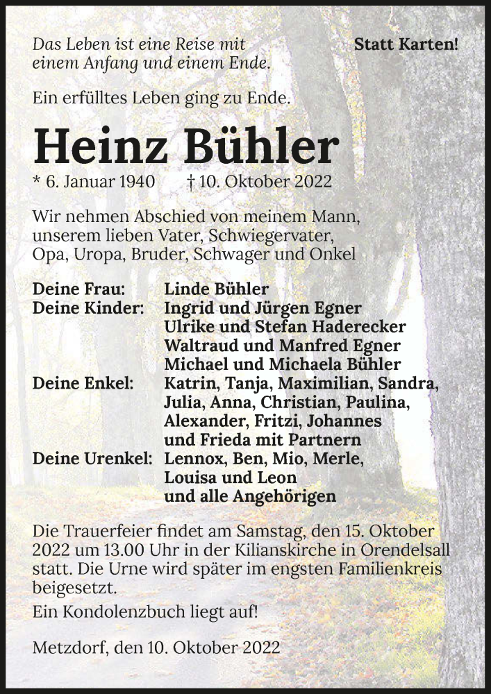 Traueranzeigen von Heinz Bühler www.trauerundgedenken.de