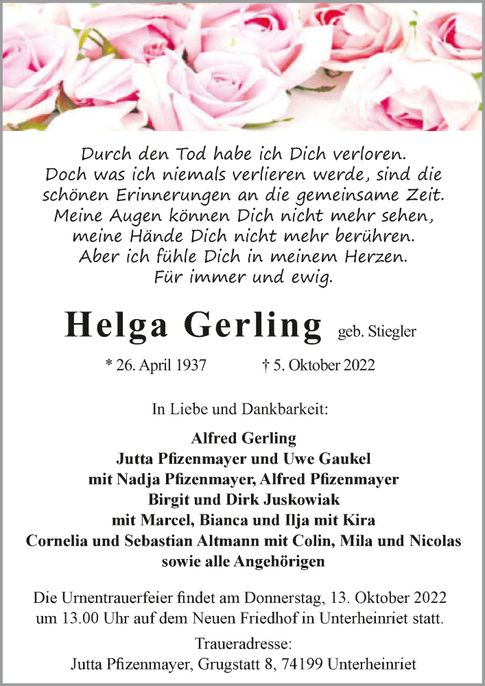  Traueranzeige für Helga Gerling vom 08.10.2022 aus GESAMT