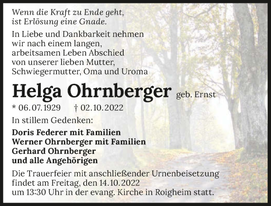 Traueranzeige von Helga Ohrnberger von GESAMT