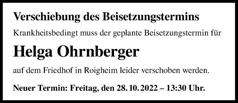  Traueranzeige für Helga Ohrnberger vom 13.10.2022 aus GESAMT