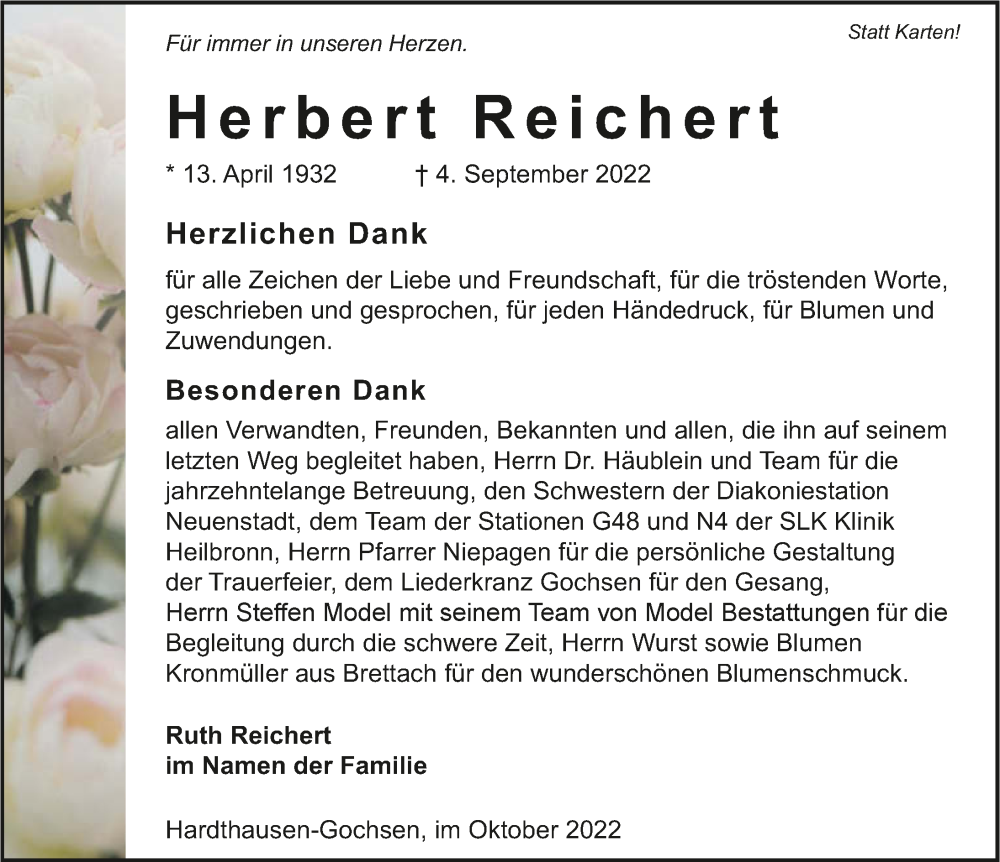  Traueranzeige für Herbert Reichert vom 08.10.2022 aus GESAMT