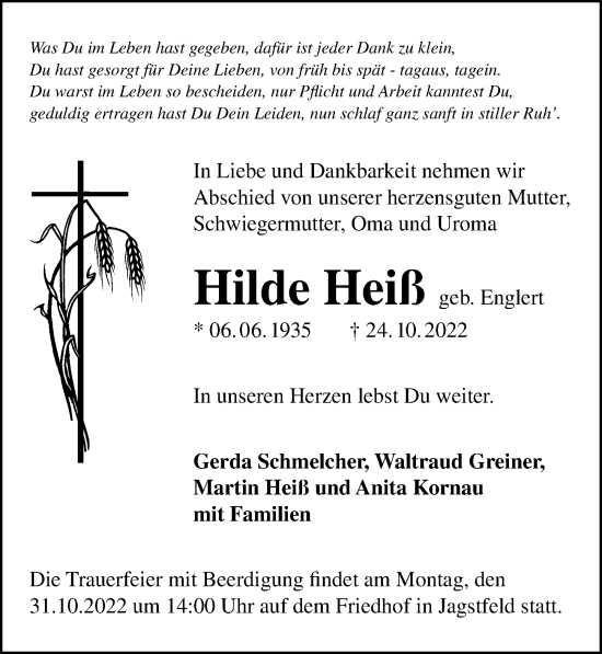 Traueranzeige von Hilde Heiß von Heilbronner Stimme