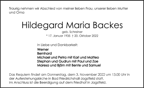 Traueranzeige von Hildegard Maria Backes von Heilbronner Stimme