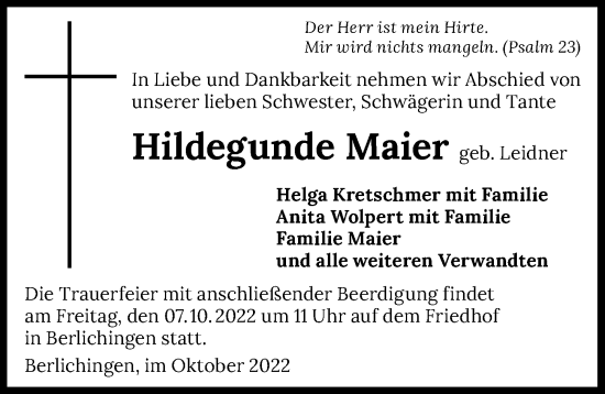 Traueranzeige von Hildegunde Maier von GESAMT