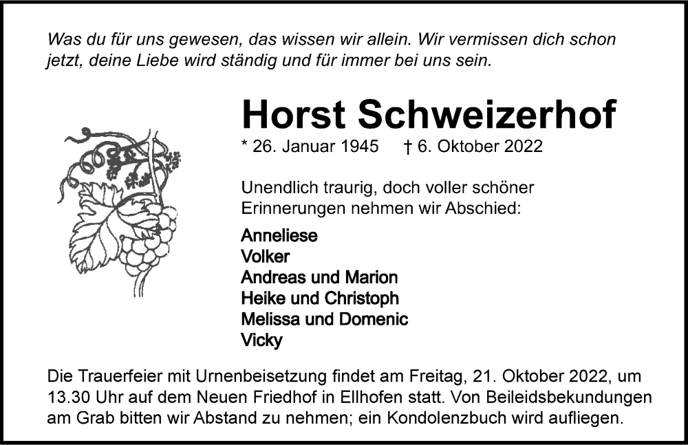  Traueranzeige für Horst Schweizerhof vom 19.10.2022 aus Heilbronner Stimme