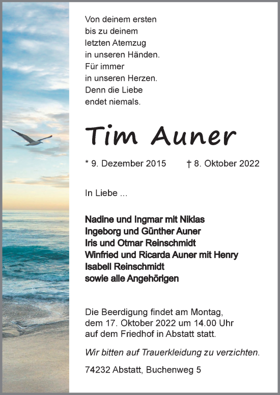 Traueranzeige von Tim Auner von Heilbronner Stimme