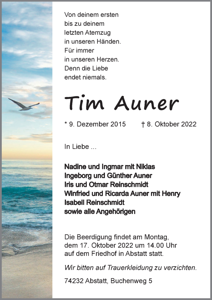  Traueranzeige für Tim Auner vom 15.10.2022 aus Heilbronner Stimme