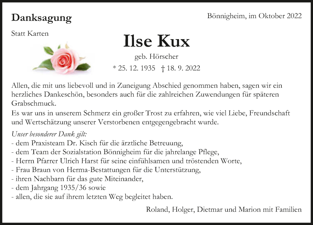  Traueranzeige für Ilse Kux vom 13.10.2022 aus GESAMT