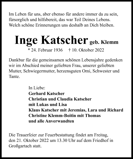 Traueranzeige von Inge Katscher von Heilbronner Stimme