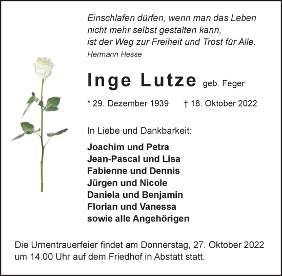 Traueranzeige von Inge Lutze von Heilbronner Stimme