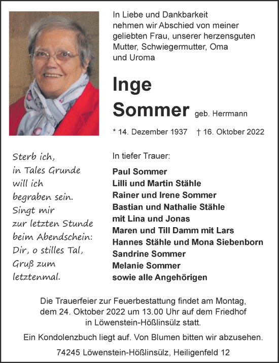 Traueranzeige von Inge Sommer von Heilbronner Stimme