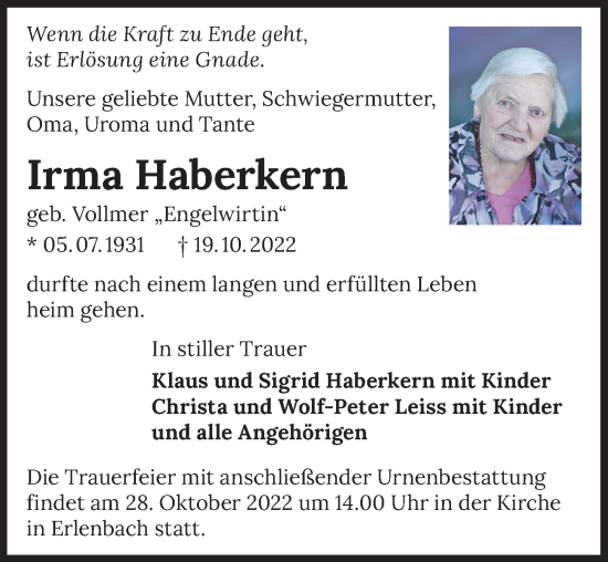 Traueranzeige von Irma Haberkern von Heilbronner Stimme