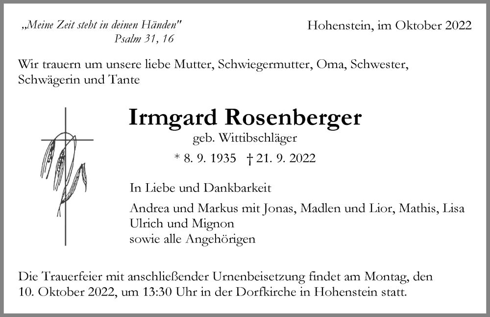  Traueranzeige für Irmgard Rosenberger vom 05.10.2022 aus GESAMT