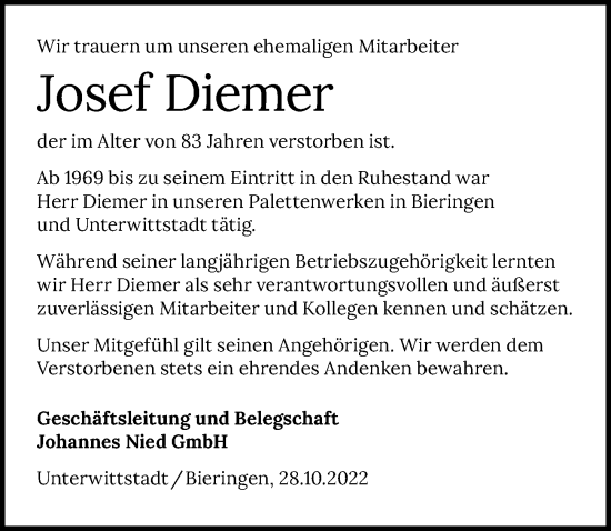 Traueranzeige von Josef Diemer von Heilbronner Stimme