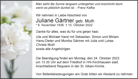 Traueranzeige von Juliane Gärtner von Heilbronner Stimme