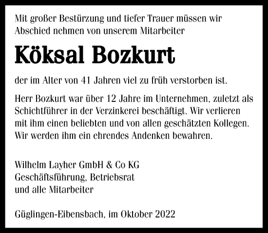 Traueranzeige von Köksal Bozkurt von Heilbronner Stimme