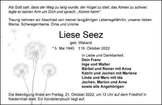 Traueranzeige von Liese Seez von Heilbronner Stimme