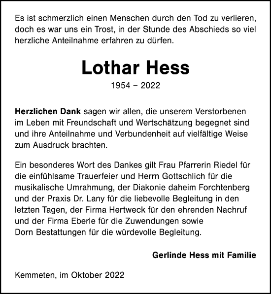 Traueranzeige von Lothar Hess von Heilbronner Stimme