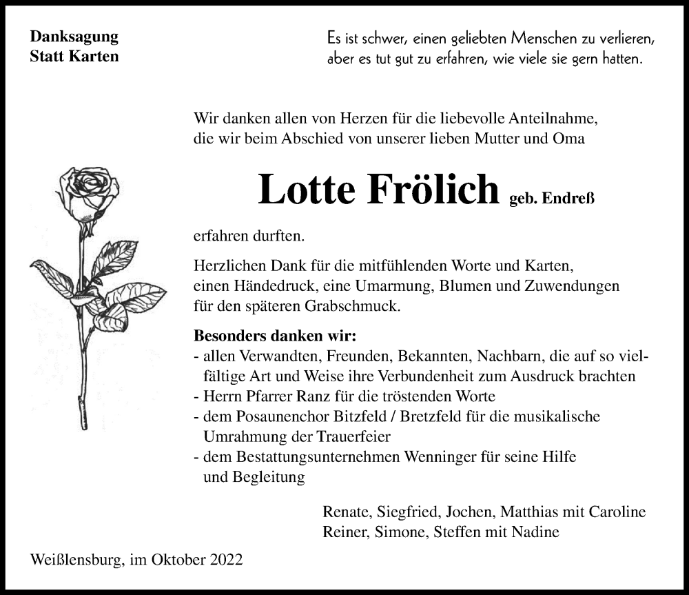  Traueranzeige für Lotte Frölich vom 20.10.2022 aus Heilbronner Stimme
