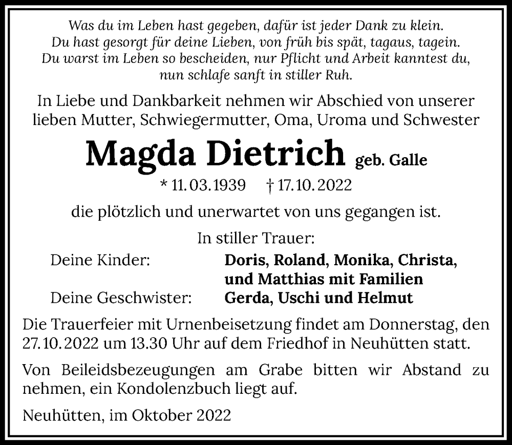  Traueranzeige für Magda Dietrich vom 25.10.2022 aus Heilbronner Stimme