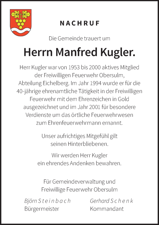 Traueranzeige von Manfred Kugler von Heilbronner Stimme