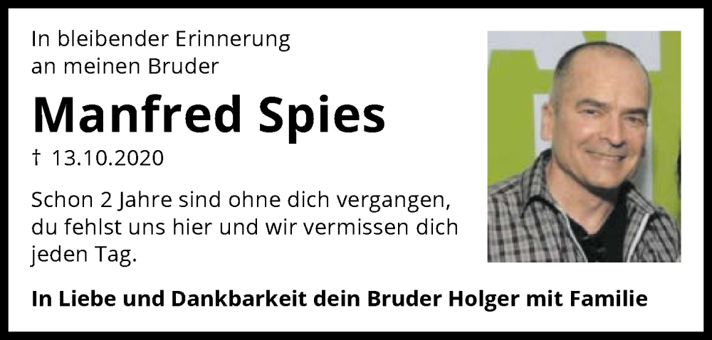  Traueranzeige für Manfred Spies vom 13.10.2022 aus GESAMT
