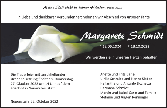 Traueranzeige von Margarete Schmidt von Heilbronner Stimme