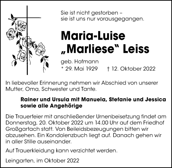 Traueranzeige von Maria-Luise Leiss von Heilbronner Stimme