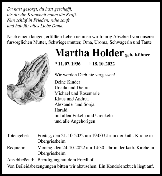 Traueranzeige von Martha Holder von Heilbronner Stimme