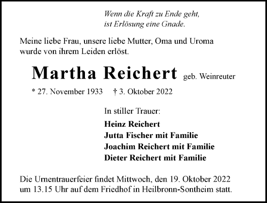Traueranzeige von Martha Reichert von Heilbronner Stimme