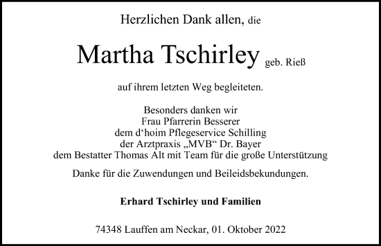 Traueranzeige von Martha Tschirley von GESAMT