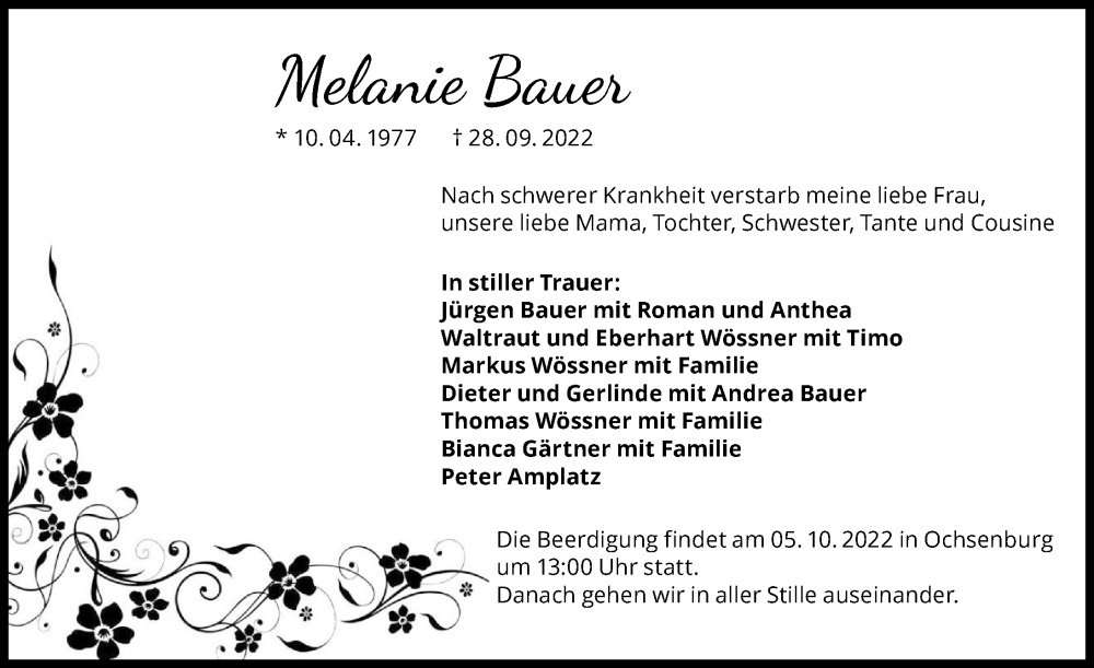  Traueranzeige für Melanie Bauer vom 01.10.2022 aus GESAMT
