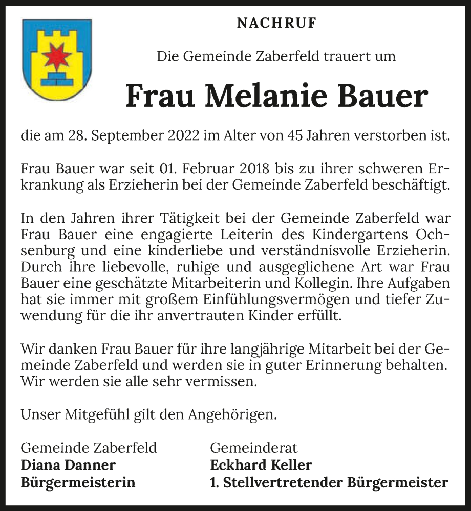  Traueranzeige für Melanie Bauer vom 01.10.2022 aus GESAMT