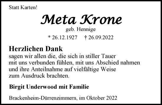 Traueranzeige von Meta Krone von GESAMT