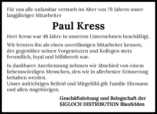 Traueranzeige von Paul Kress von Heilbronner Stimme