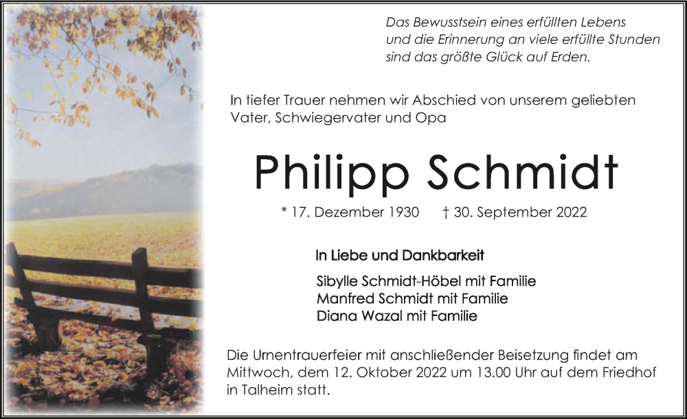  Traueranzeige für Philipp Schmidt vom 08.10.2022 aus GESAMT