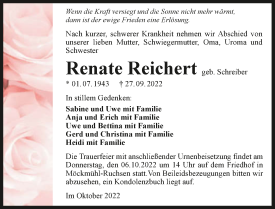 Traueranzeige von Renate Reichert von GESAMT