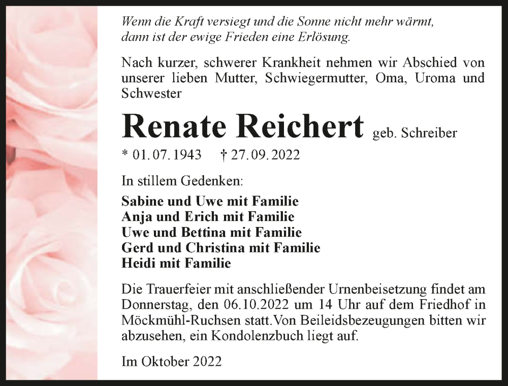  Traueranzeige für Renate Reichert vom 01.10.2022 aus GESAMT
