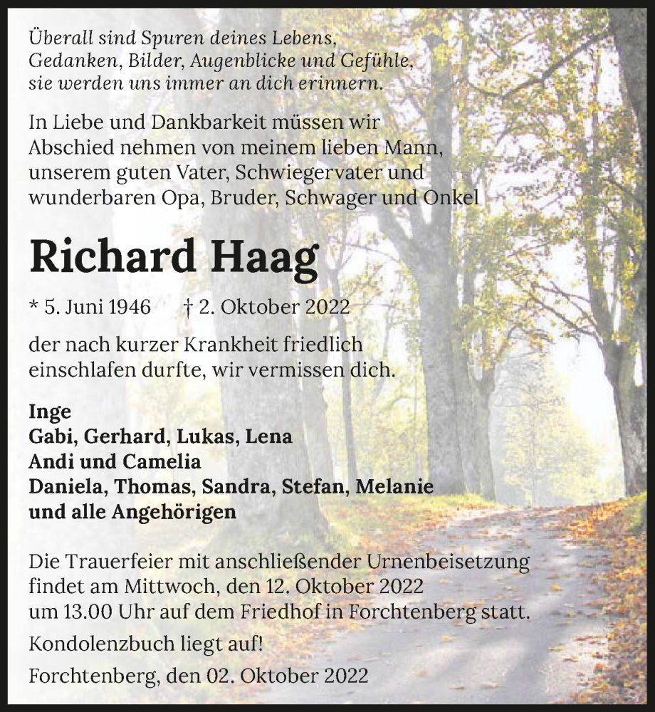  Traueranzeige für Richard Haag vom 08.10.2022 aus GESAMT