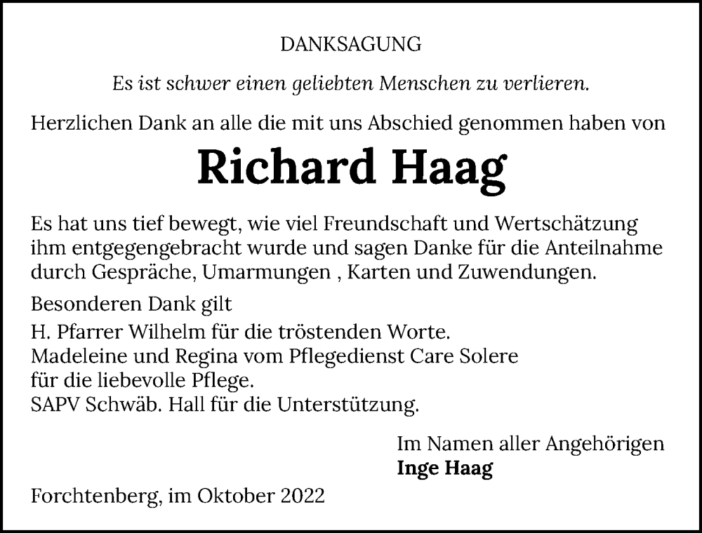  Traueranzeige für Richard Haag vom 31.10.2022 aus Heilbronner Stimme