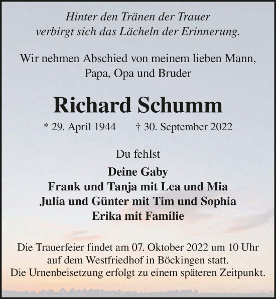 Traueranzeige von Richard Schumm von GESAMT